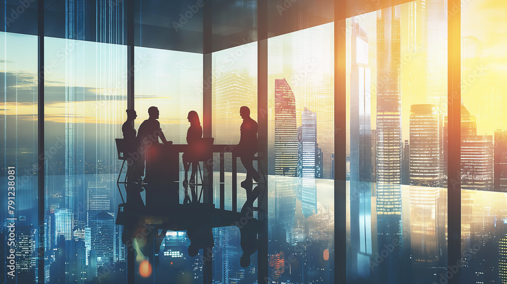 A group of people are sitting at a table in a large room with a city view. Scene is peaceful and serene, as the people are enjoying each other's company in a beautiful setting A group of people are sitting at a table in a large room with a city view. Scene is peaceful and serene, as the people are enjoying each other's company in a beautiful setting