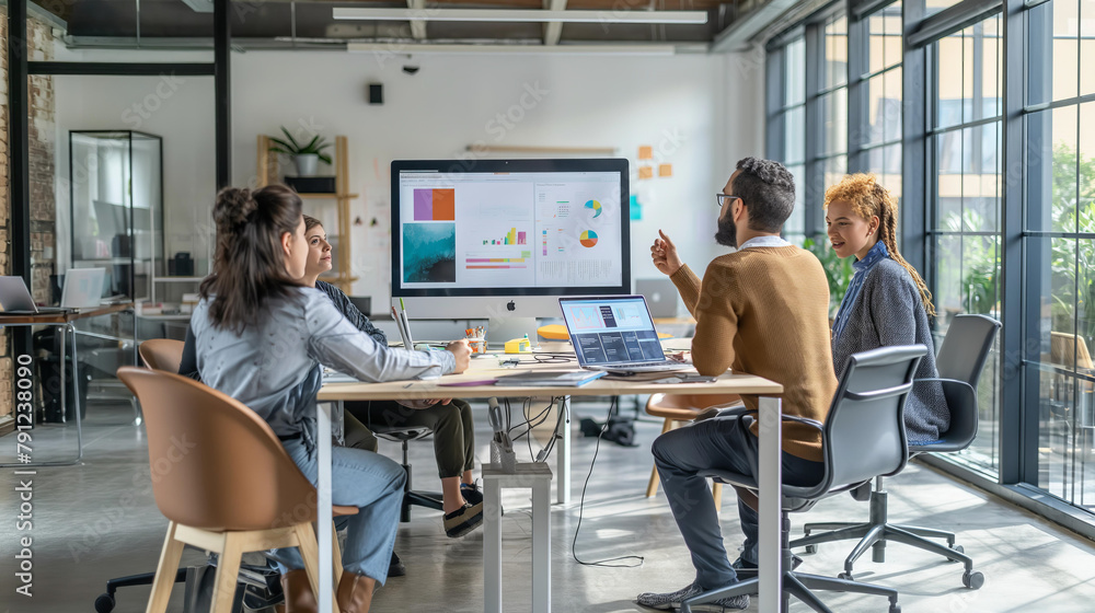 Obraz premium A group of people are sitting around a table in a conference room, looking at a large monitor. They are discussing a presentation on the screen. The atmosphere seems to be professional and focused