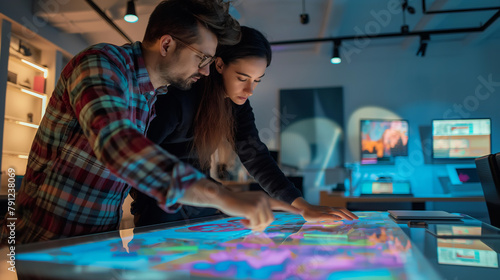 A man and a woman are looking at a computer screen with a map on it. They are both focused on the screen and seem to be discussing something. Scene is serious and focused