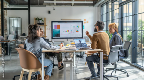 A group of people are sitting around a table in a conference room, looking at a large monitor. They are discussing a presentation on the screen. The atmosphere seems to be professional and focused