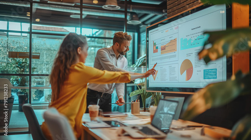 A man and a woman are looking at a large screen with graphs and charts. Scene is focused and professional, as the two people are discussing data