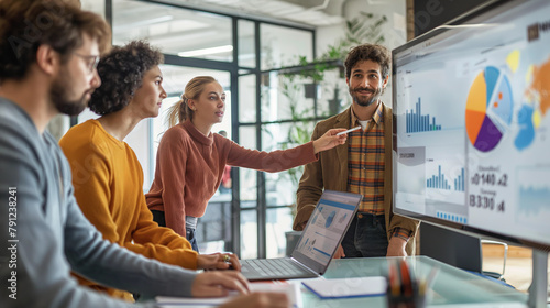 A group of people are gathered around a large monitor, looking at graphs and charts. The atmosphere seems to be focused and serious, as they are likely discussing important data or information