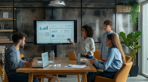 A group of people are gathered around a large screen, with a woman pointing at a graph. The room is filled with office furniture, including chairs and a potted plant