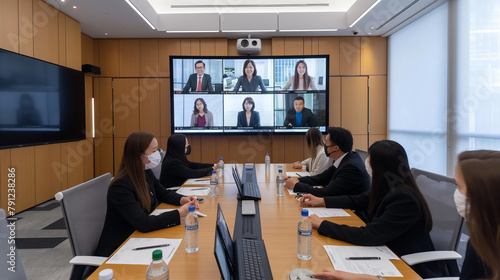 A group of people are sitting around a table in a conference room. They are all wearing masks and are looking at a large screen. Scene is serious and focused