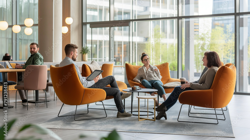 A group of people are sitting in orange chairs in a room with a table in the middle. Scene is relaxed and social, as the people are gathered together to chat and enjoy each other's company