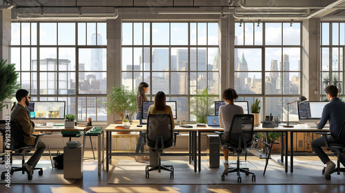A group of people are sitting at desks in a large office with a view of the city. The atmosphere is professional and focused, with everyone working on their computers
