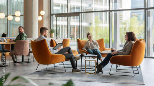 A group of people are sitting in orange chairs in a room with a table in the middle. Scene is relaxed and social, as the people are gathered together to chat and enjoy each other's company