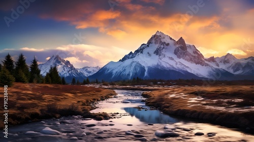Panoramic view of the snowy mountains and a river at sunset