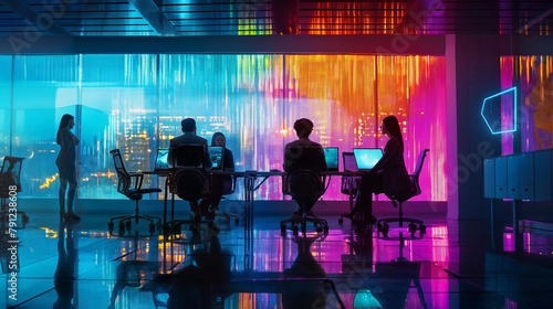A group of people are sitting at a table in a brightly lit room. The room is decorated with colorful lights and the people are working on their laptops. Scene is focused and productive