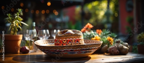 Traditional mexican sombrero hat on wooden table in restaurant