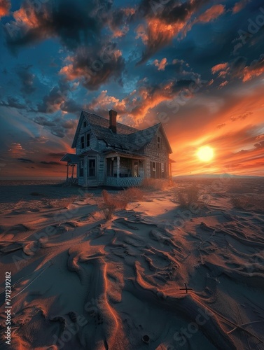 Abandoned house bathed in golden hour light - An abandoned structure is starkly illuminated by the brilliant golden hour sun, casting long shadows over the sand