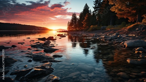 Sunset on the shore of the lake. Beautiful summer landscape.