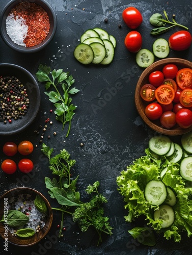 Fresh vegetables and spices on dark backdrop - An assortment of fresh vegetables and spices beautifully arranged on a dark, textured surface, invoking a feeling of healthy eating and culinary preparat