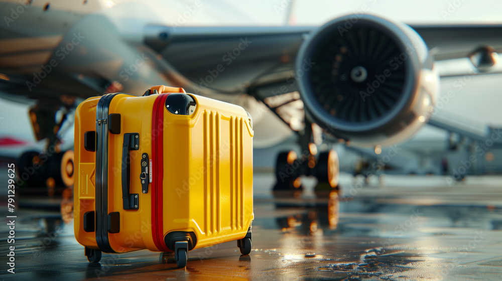 Yellow suitcase placed on airplane background, Ai Generated Images