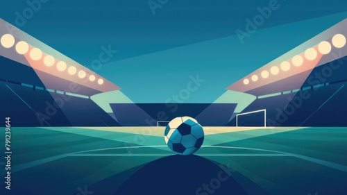 Minimalist stadium lights with a focused soccer ball - An illustrative representation of a soccer stadium focusing on a soccer ball under the bright stadium lights, setting a competitive atmosphere
