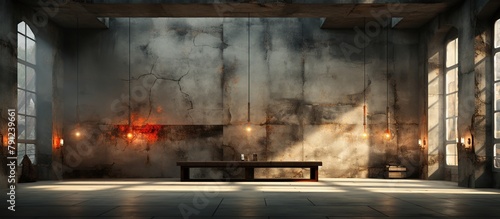 Empty room with wooden bench and tree in pot.