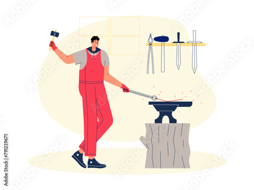 Blacksmith with sledgehammer work in forge. Craft vector illustration