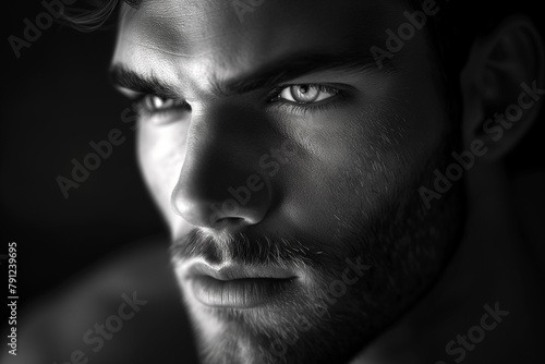 black and white image of a handsome young man in profile with dramatic chiaroscuro effect
