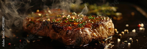 Steak with herbs and smoke on dark background - Close-up of steak seasoned with herbs, pepper, and coarse salt, releasing aromatic smoke photo