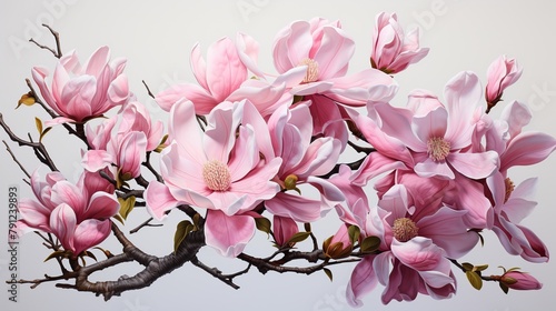 Magnolia flowers on a white background. Beautiful pink magnolia flowers.