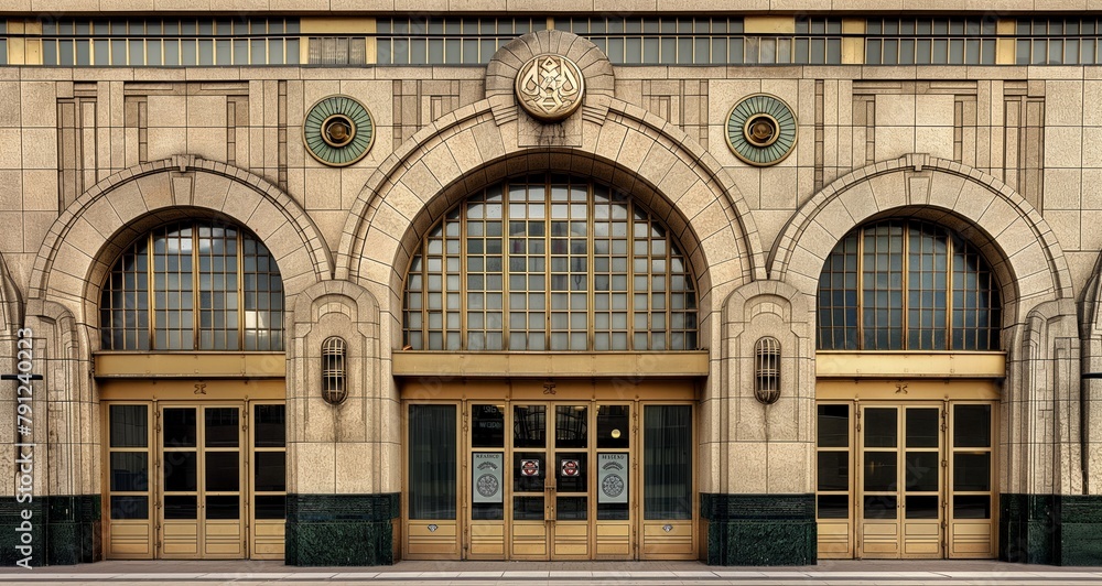 Vintage Art Deco railway station facade with symmetrical designs