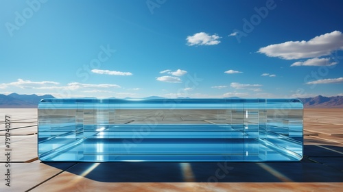 glass table with blue sky and clouds background. © nahij