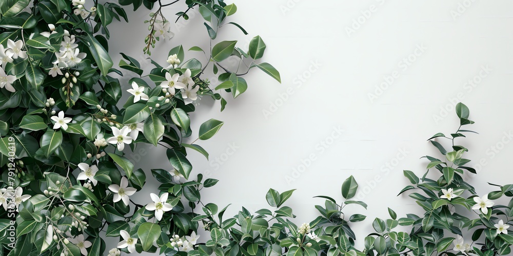 custom made wallpaper toronto digital jasmine crawling up on the side of a white wall and over the top, only the right corner, zoomed out so you can see the whole wall, white background,