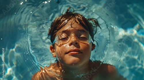 Child with Goggles Relaxing in Summer Pool. Close-up of a content young child with wet hair and goggles resting in a pool during a summer day. © Old Man Stocker