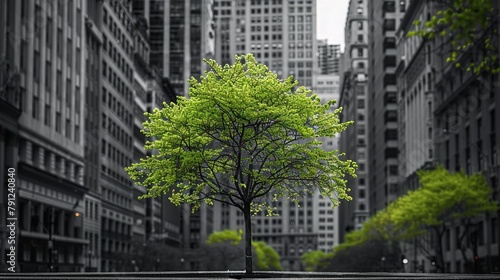 An illustration of a monochrome or black and white city landscape with a green tree and a big space for text or a product backdrop, Generative AI.