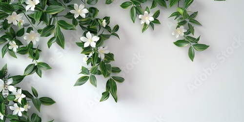  jasmine crawling up on the side of a white wall and over the top, only the right corner, zoomed out so you can see the whole wall, white background,