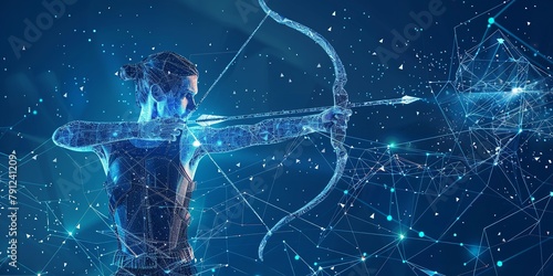 A modern art artwork depicting an archer drawing a bow in a low polygonal layout over a backdrop of blue geometric wireframe components and space, Generative AI.