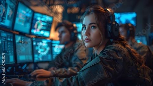 Female and male military officers collaborate in government surveillance agency control center. Concept Military officers, Government surveillance, Collaboration, Control center, Gender equality © Ян Заболотний