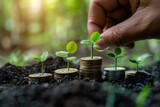 hand holding money savings filled with coins and growing plant for sustainable financial planning for retirement or eco subsidy investment for environment protection , Generative AI