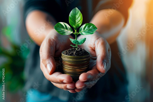 hand holding money savings filled with coins and growing plant for sustainable financial planning for retirement or eco subsidy investment for environment protection , Generative AI photo