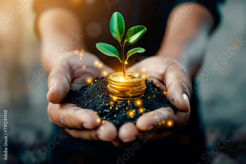 hand holding money savings filled with coins and growing plant for sustainable financial planning for retirement or eco subsidy investment for environment protection , Generative AI photo