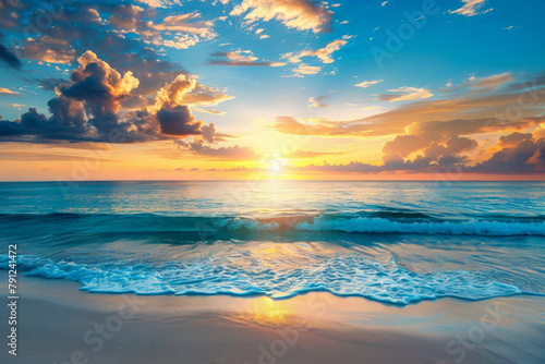 A sunset painting depicts waves crashing on the shore as the sun rises above the horizon