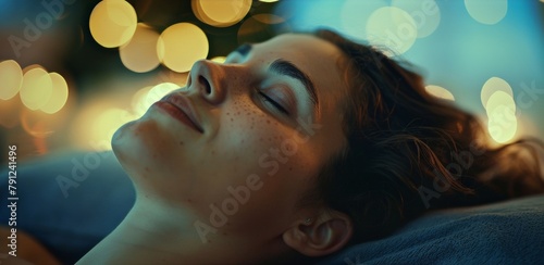 A woman lying on her side with a the softly massaging her temples. The caption reads Our skilled thes know just how to ease your mind and promote peaceful slumber. 2d flat cartoon.