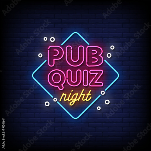 pub quiz night neon Sign on brick wall background 