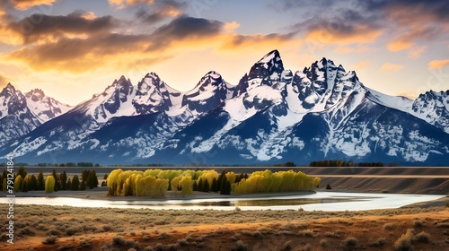Panoramic view of snowy mountains at sunset, Patagonia, Argentina