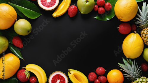 Fruit flat lay from above colorful food background