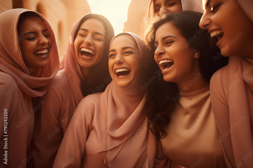 Hijab-Clad Friends Sharing Happiness and Laughs. Group of hijab-clad friends share contagious laughter on a sunlit street, their faces radiating pure joy and togetherness. Hijab-Clad Friends Sharing Happiness and Laughs. Group of hijab-clad friends share contagious laughter on a sunlit street, their faces radiating pure joy and togetherness.