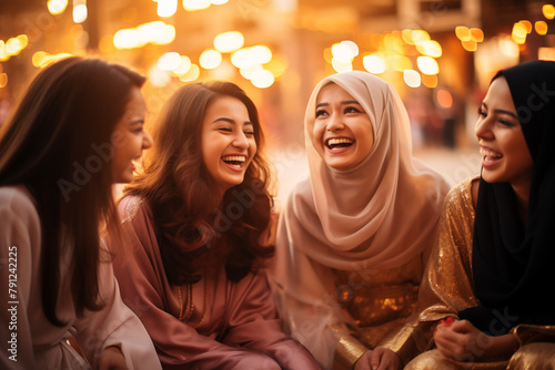 In an enchanting city evening a group of friends clad in traditional and modern attire share laughter and joy illuminated by a backdrop of twinkling lights.