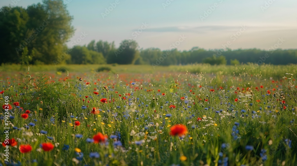A green grassland covered with wild flowers a landscape with a big space for text or a product advertisement backdrop, Generative AI.