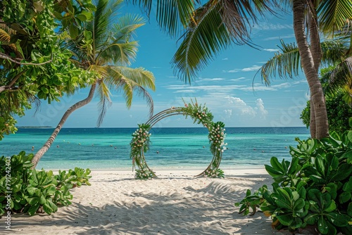 round wedding gate on the beach with palm trees in the Maldives  illustration made with Generative Ai