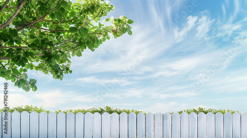 A white picket fence with green leaves on it. The sky is blue and clear. The fence is in front of a tree photo