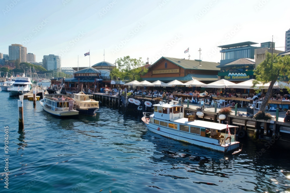 A bustling waterfront area with old-fashioned boats docked along the pier and waterfront cafes bustling with activity, Generative AI