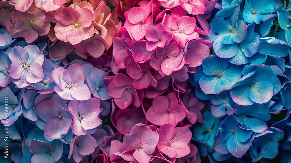 A bunch of flowers with different colors, including pink, blue, and purple. The flowers are arranged in a way that creates a sense of harmony and balance