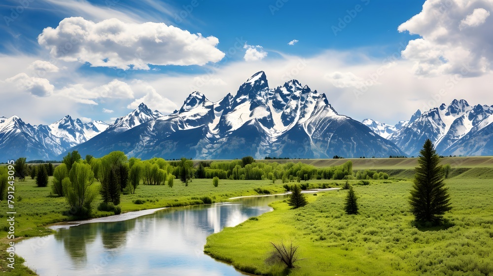 Beautiful panoramic view of the spring landscape with a river and mountains in the background