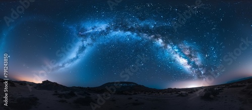 Panoramic view capturing the spectacular Milky Way galaxy and twinkling stars as seen from the summit of a majestic mountain