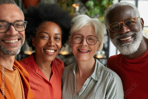 Portrait of diverse group of smiling senior friends standing together at home